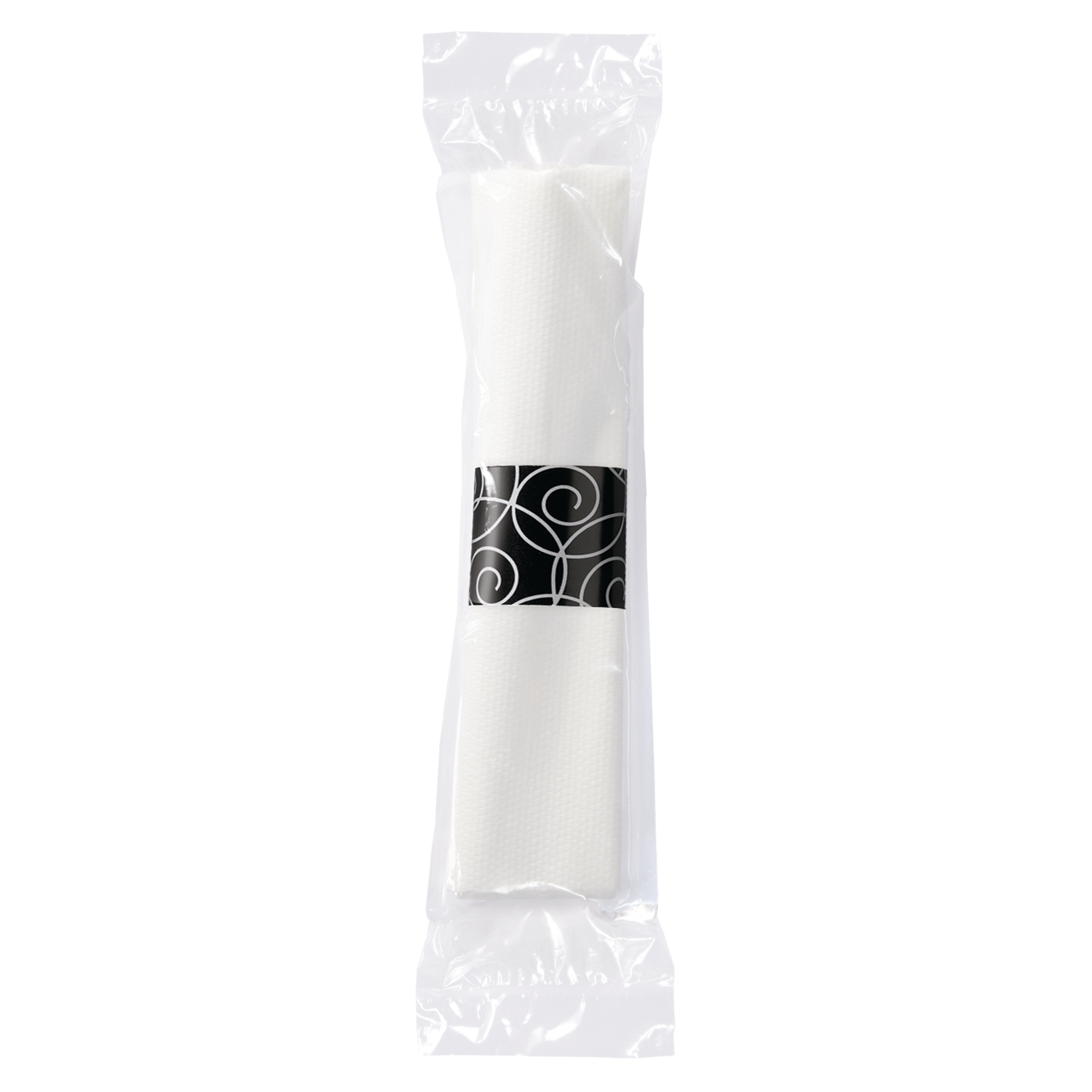 8.5 in x 8.5 in Wrapped Pre-rolled Linen-Like CaterWrap White Napkins with Black Cutlery 100 ct.