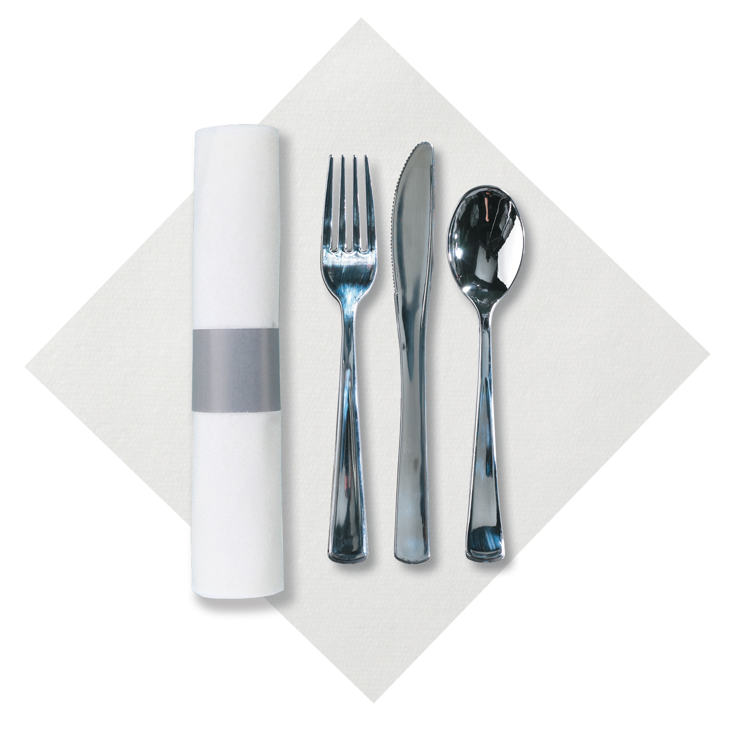 8 in x 8.5 in Pre-Rolled Linen-Like CaterWrap White Dinner Napkins with Metallic Cutlery 100 ct.
