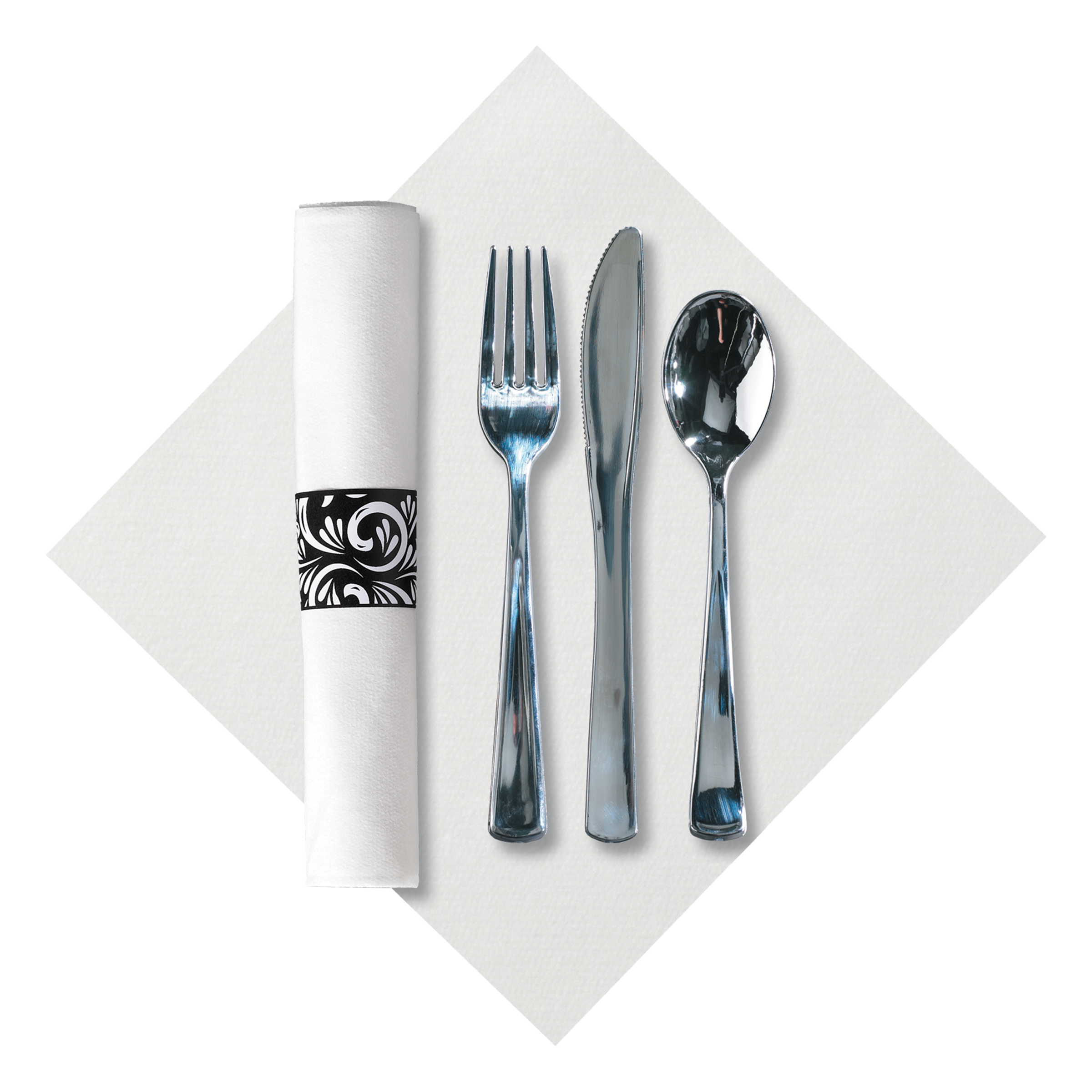 8 in x 8.5 in Pre-rolled Linen-Like CaterWrap White Napkins with Metallic Cutlery 100 ct.