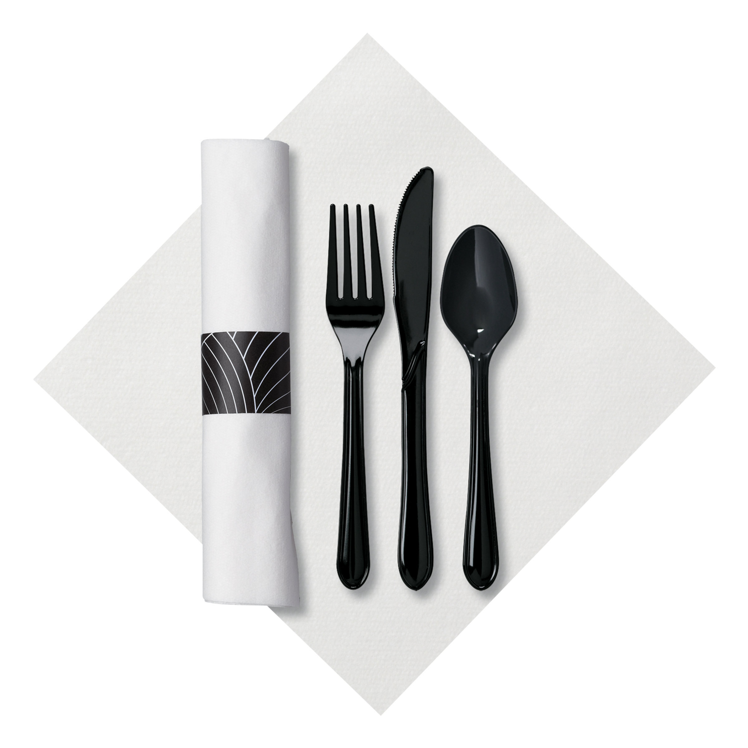 8.5 in Pre-rolled Linen-Like CaterWrap White Dinner Napkins with Black Cutlery 200 ct.