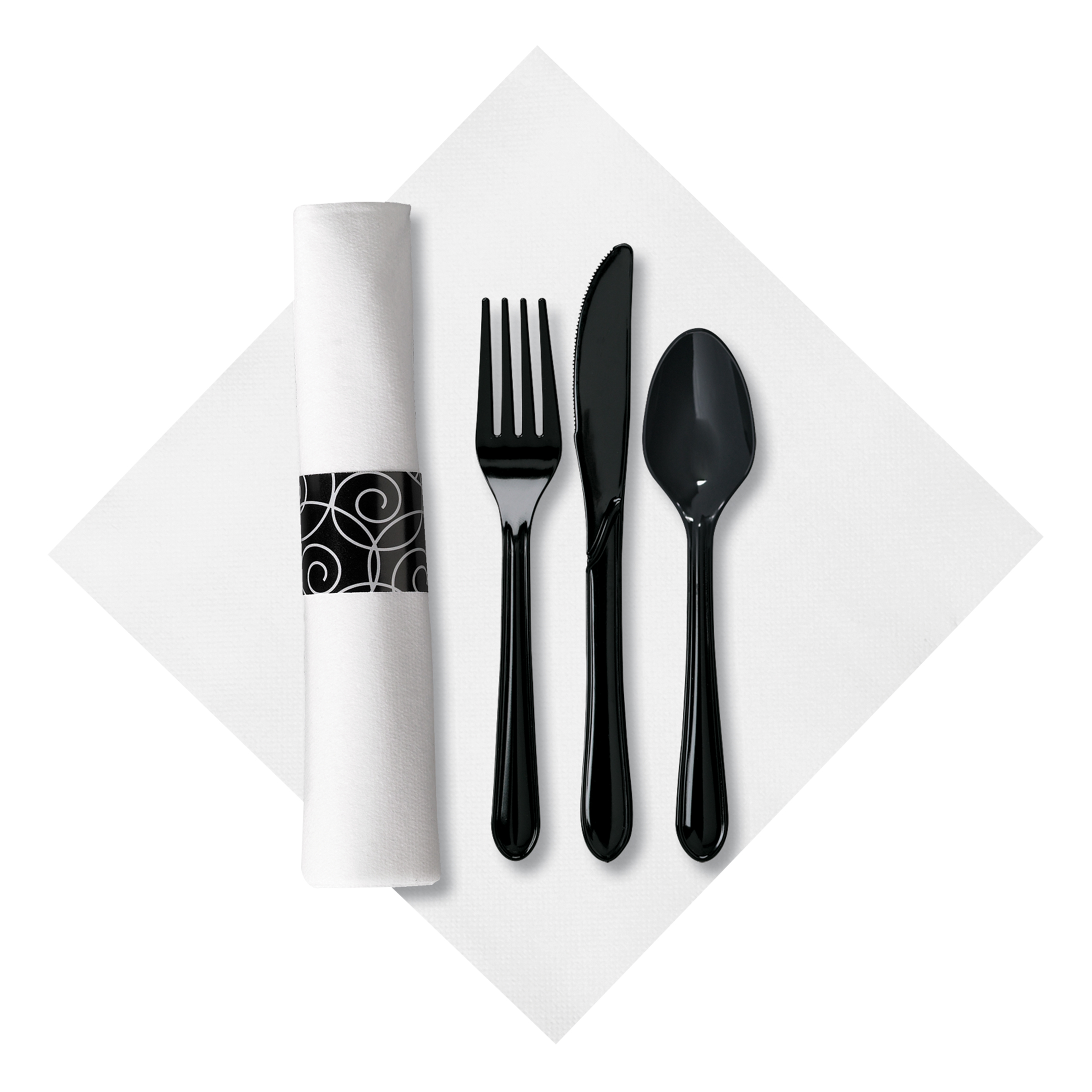 8 in x 8.5 in Pre-rolled Linen-Like CaterWrap White Napkins with Black Cutlery 100 ct.