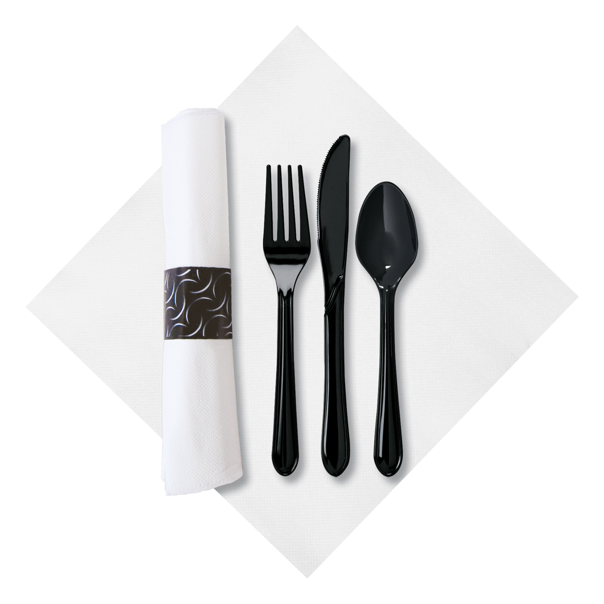 7.75 in x 7.75 in Pre-rolled CaterWrap White FashnPoint Dinner Napkins with Black Cutlery 100 ct.