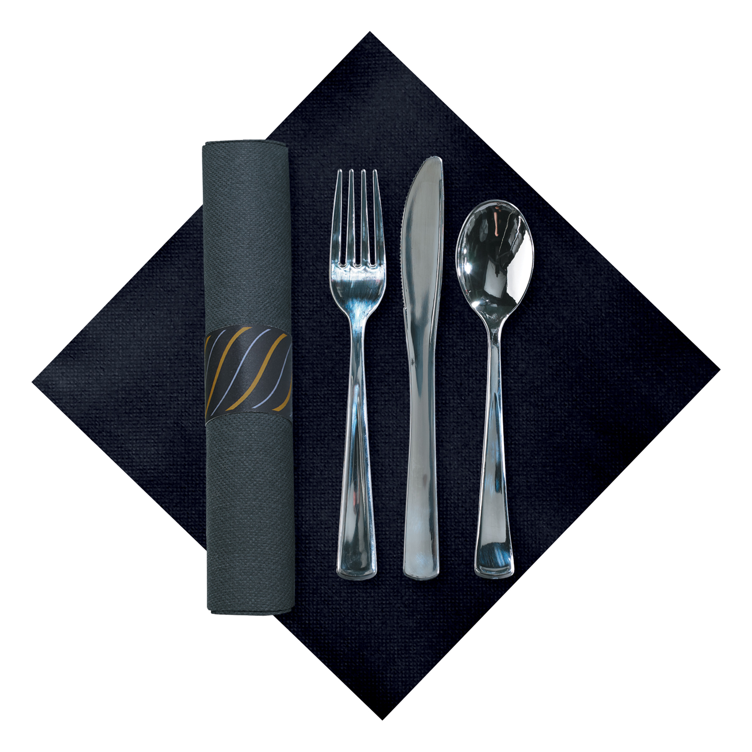 7.75 in x 7.75 in Pre-rolled CaterWrap Black FashnPoint Dinner Napkins with Metallic Cutlery 100 ct.