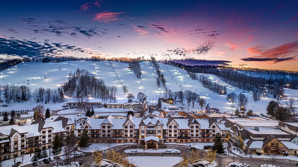 Resort-Mountain-Grand-Lodge-winter-dusk-drone-view