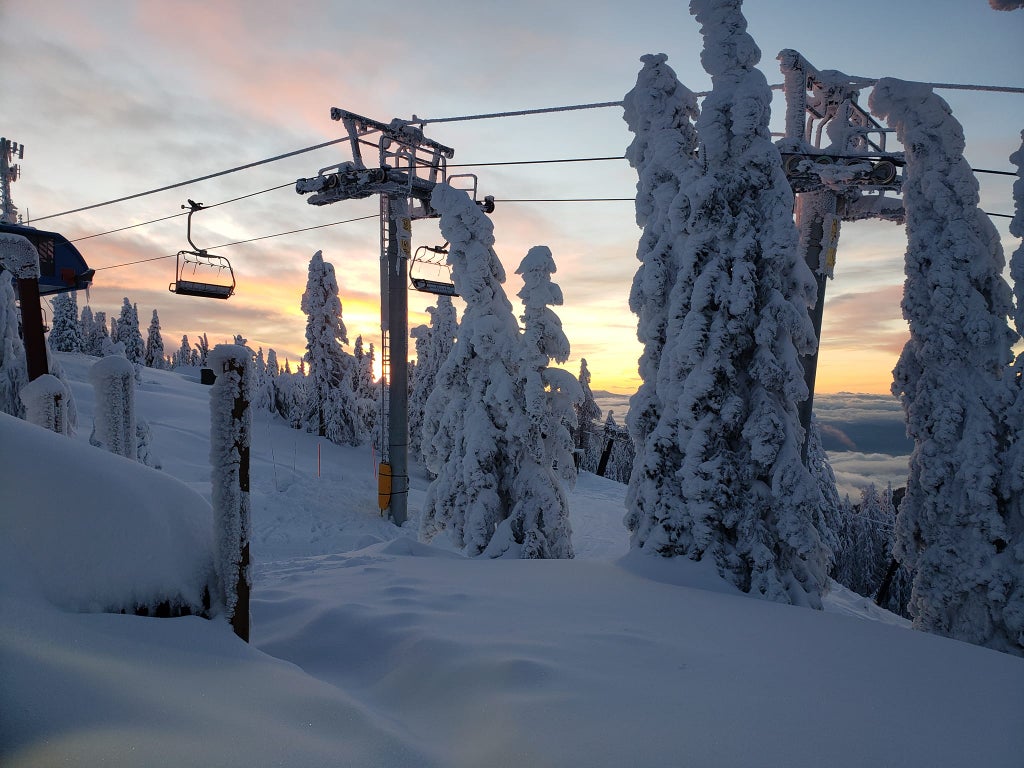 49 Degrees North Chairlift and Snowy Trees
