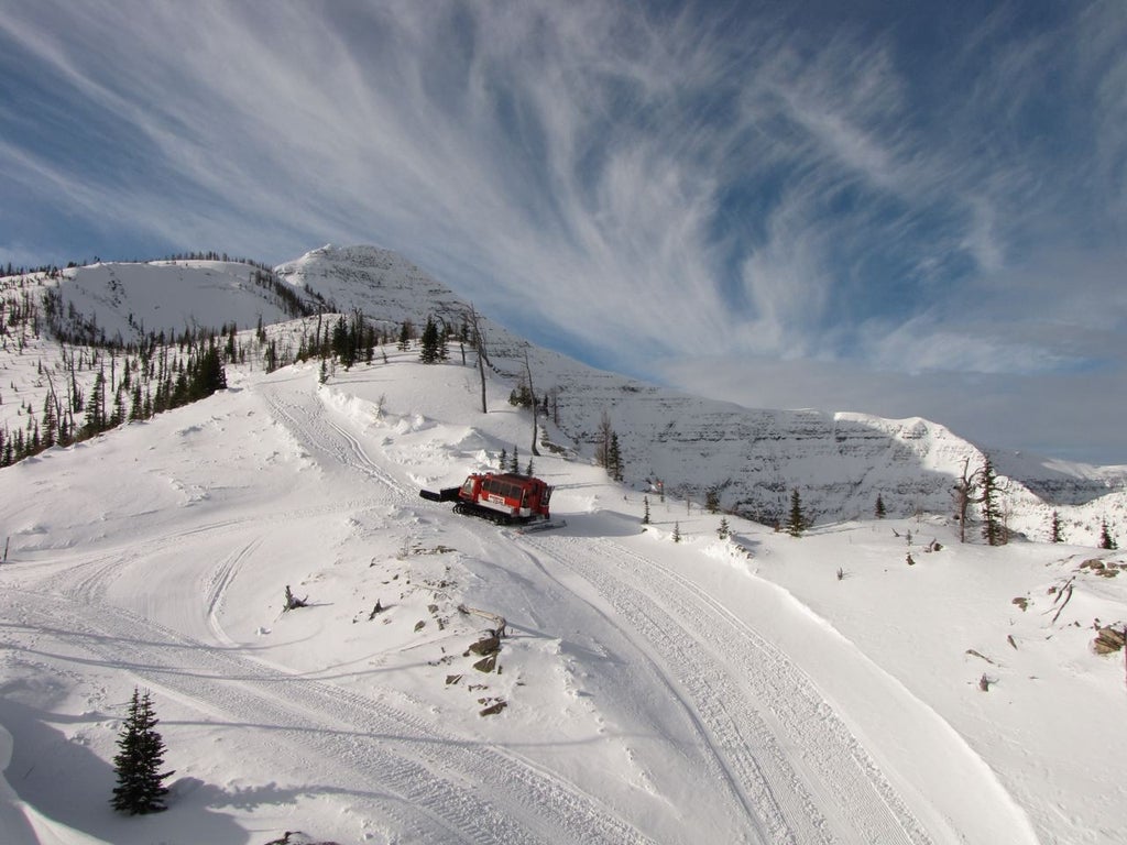 Cat skiing in fresh snow on Castle Mountain, Alberta.