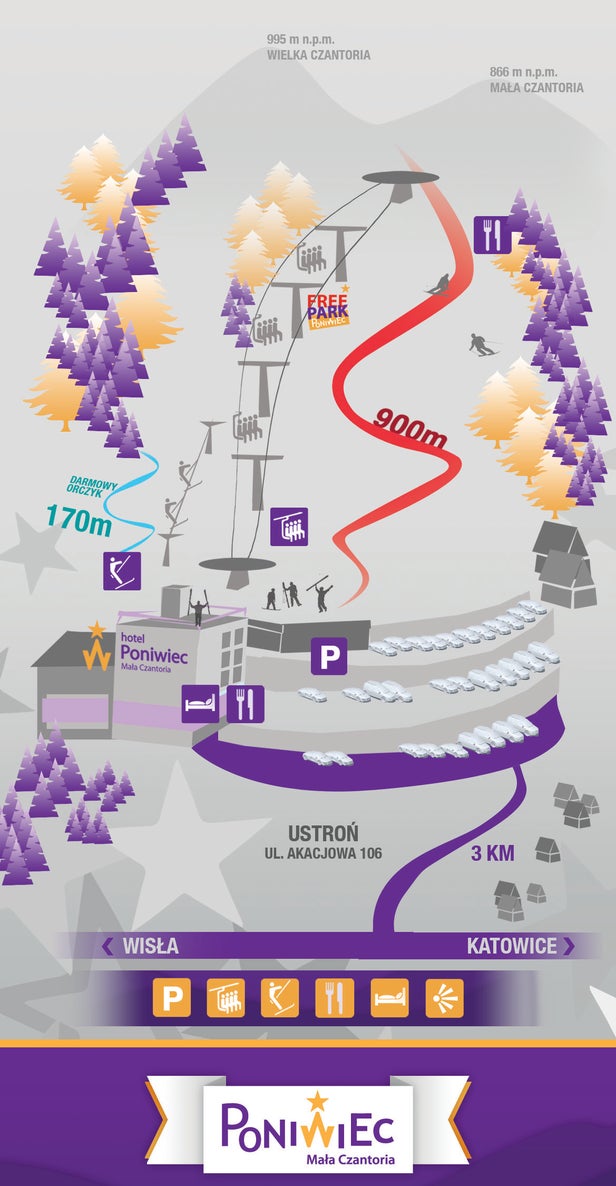 Ustroń - Poniwiec Mapa zjazdoviek