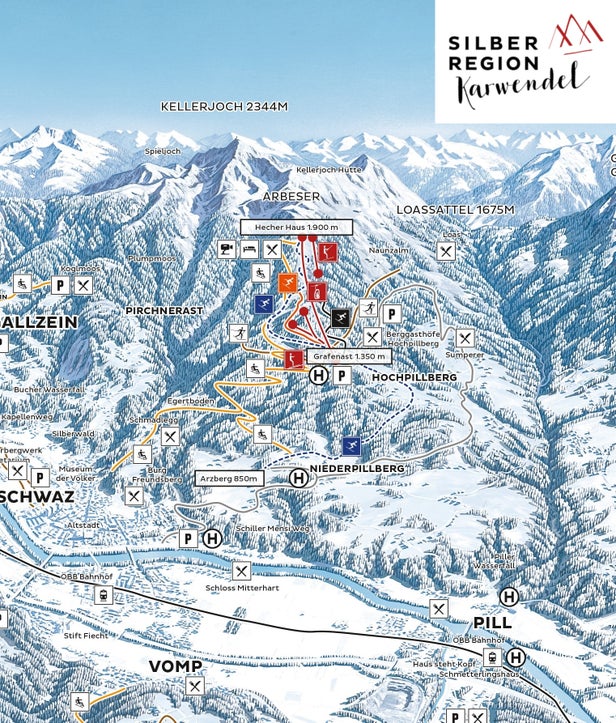 Kellerjochbahn - Schwaz - Pill – mapa tras narciarskich