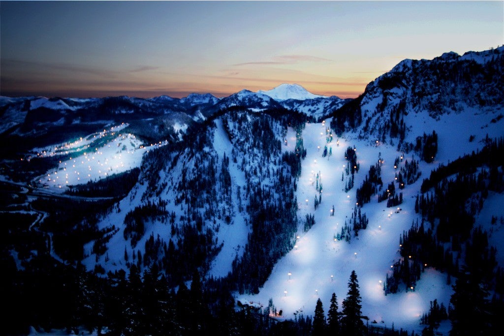 Night skiing at The Summit at Snoqualmie includes 600 acres spread across three area that include Alpental (front right), Summit West, and Summit Central. Photo courtesy of Summit at Snoqualmie.