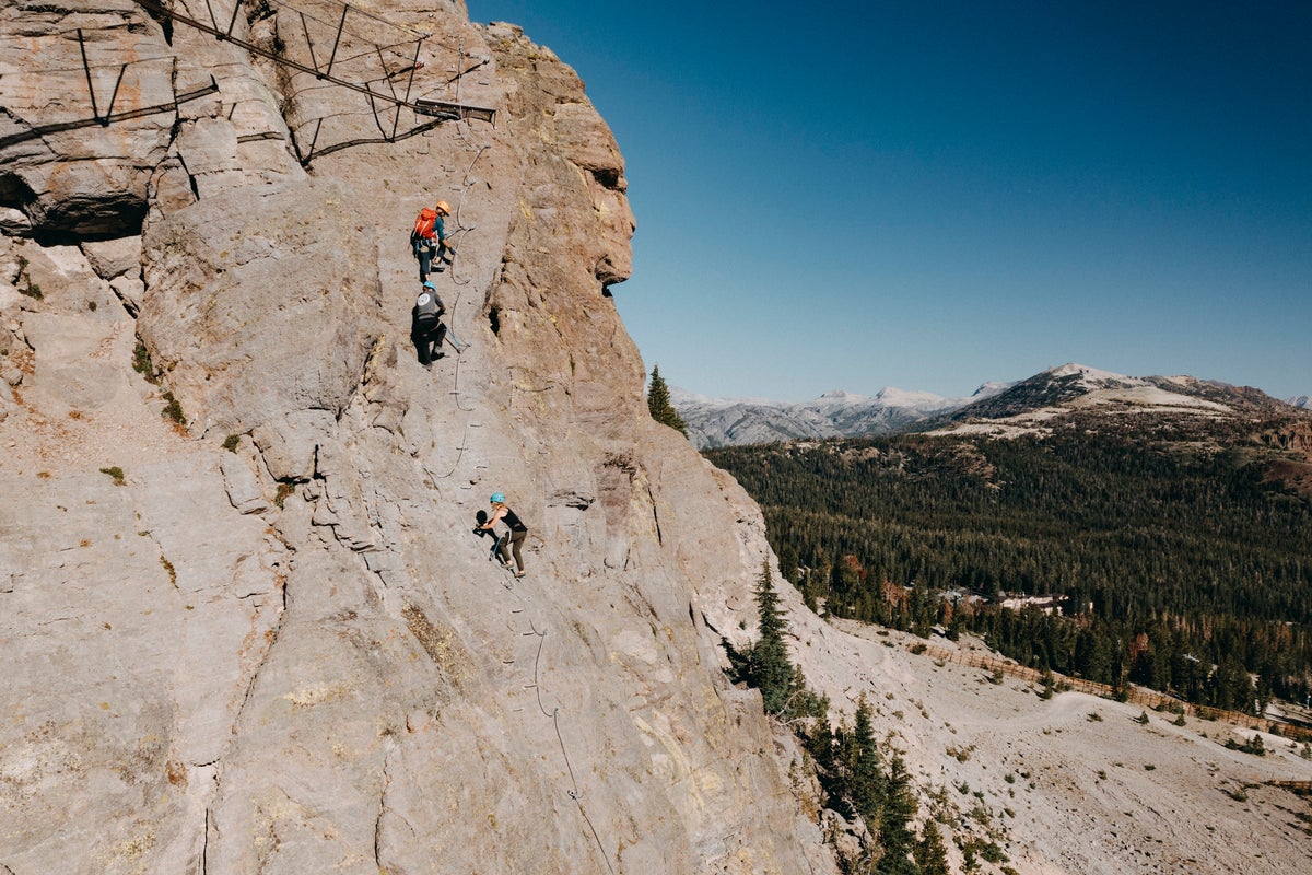 Group of people climbing up Mammoth Mountain Via Ferrata