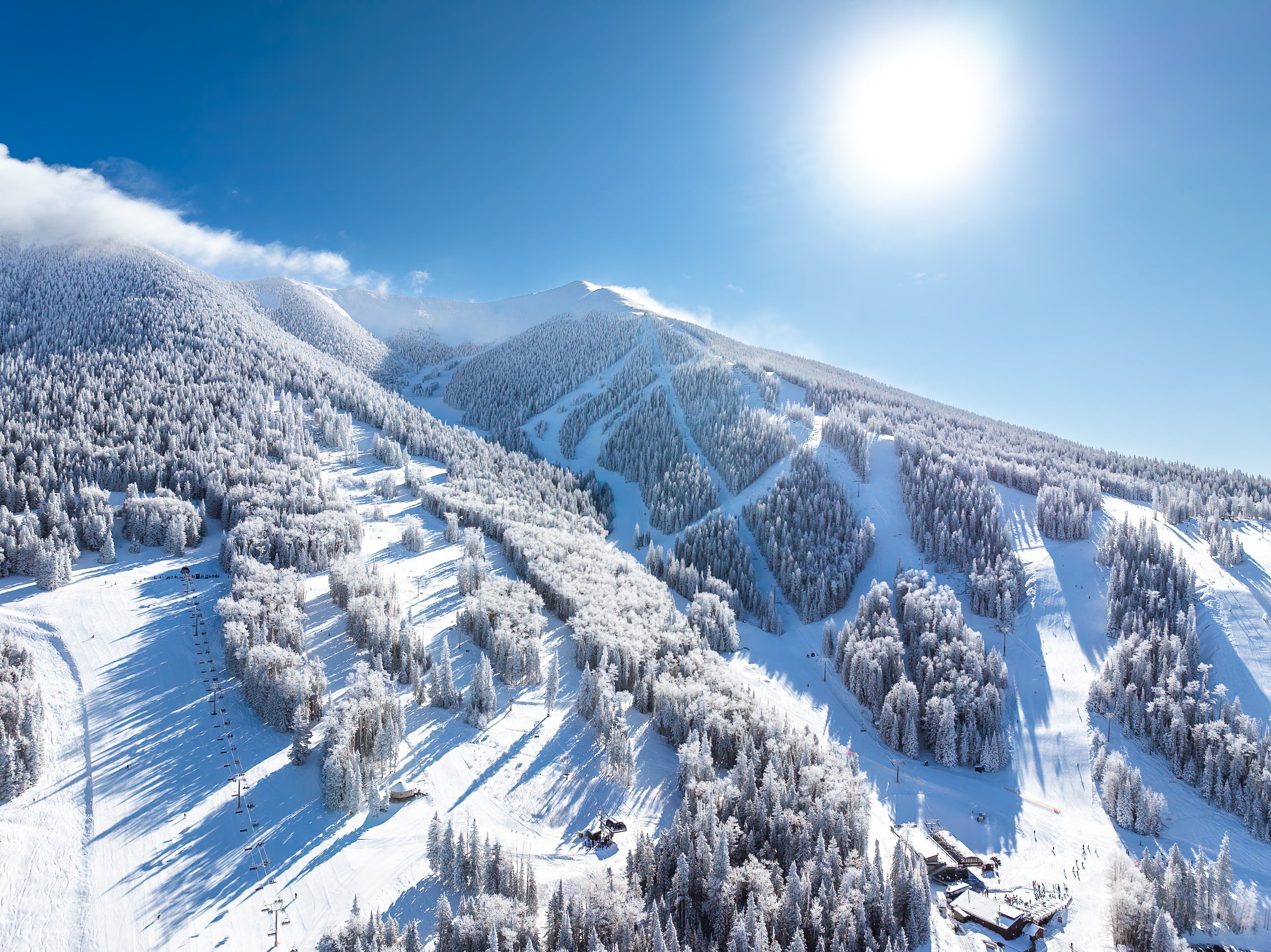 aerial of Arizona Snowbowl Ski Resort on a bluebird day