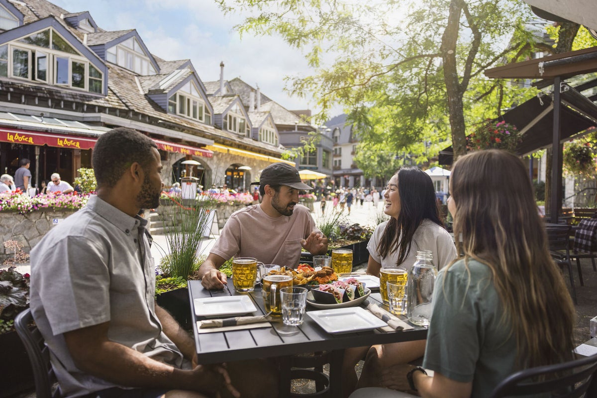 Group of friends enjoying lunch on patio of restaurant at Whistler Village