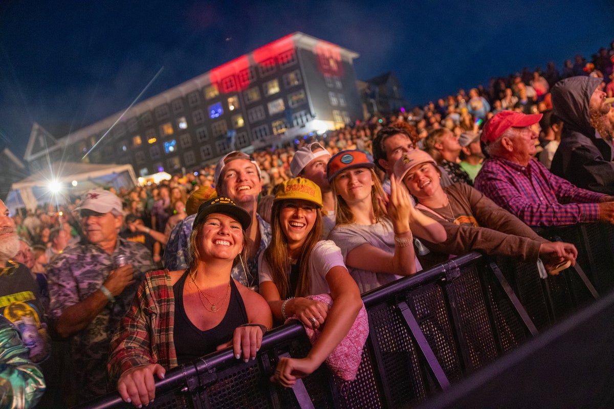 Friends posing at outdoor concert at night