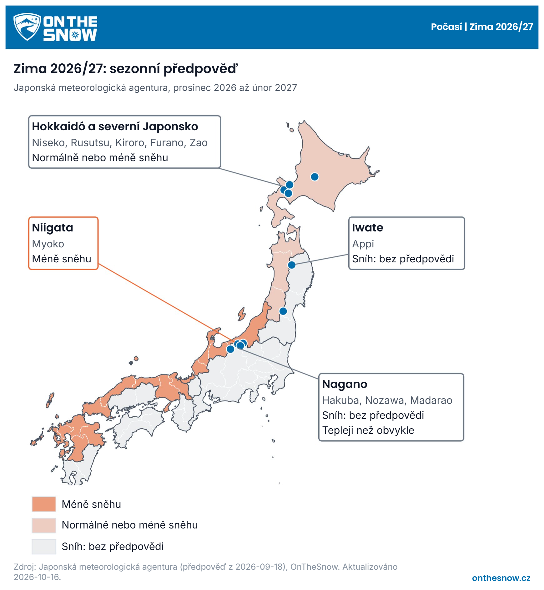 Map of Japan's ski regions with the Japan Meteorological Agency's December to February outlook: shading is the chance of less snow than normal on the Sea of Japan sides, grey regions have no snowfall outlook.