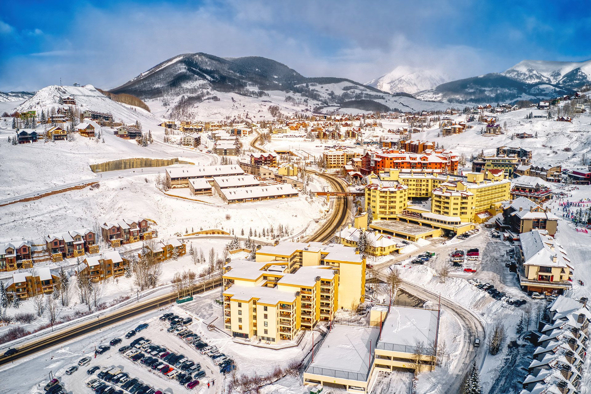 View of old town stores on Main Street Crested Butte, CO.