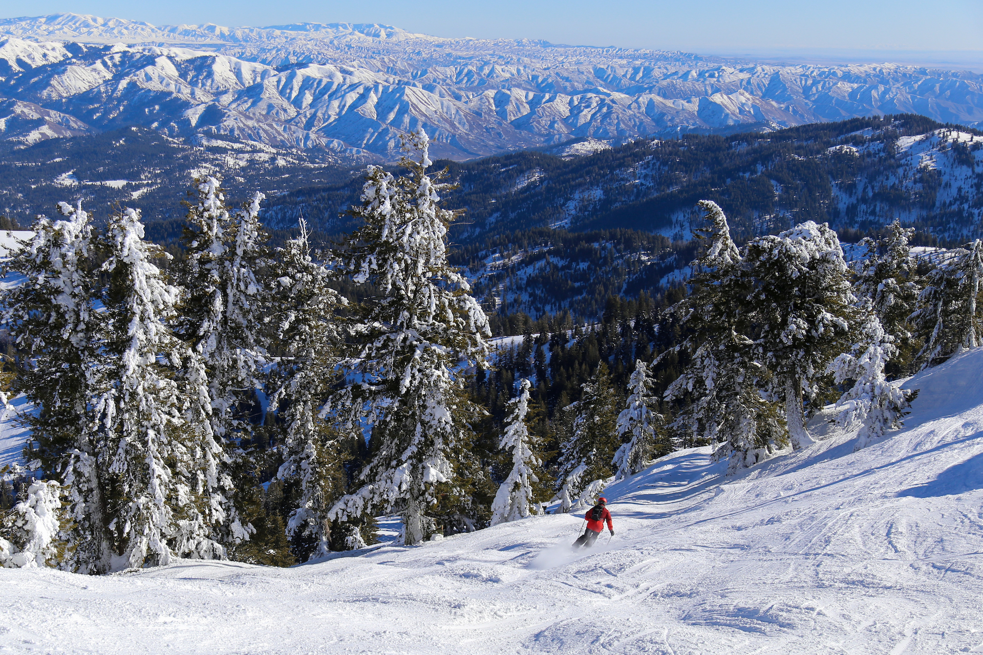 Skiing groomed runs on a sunny bluebird day