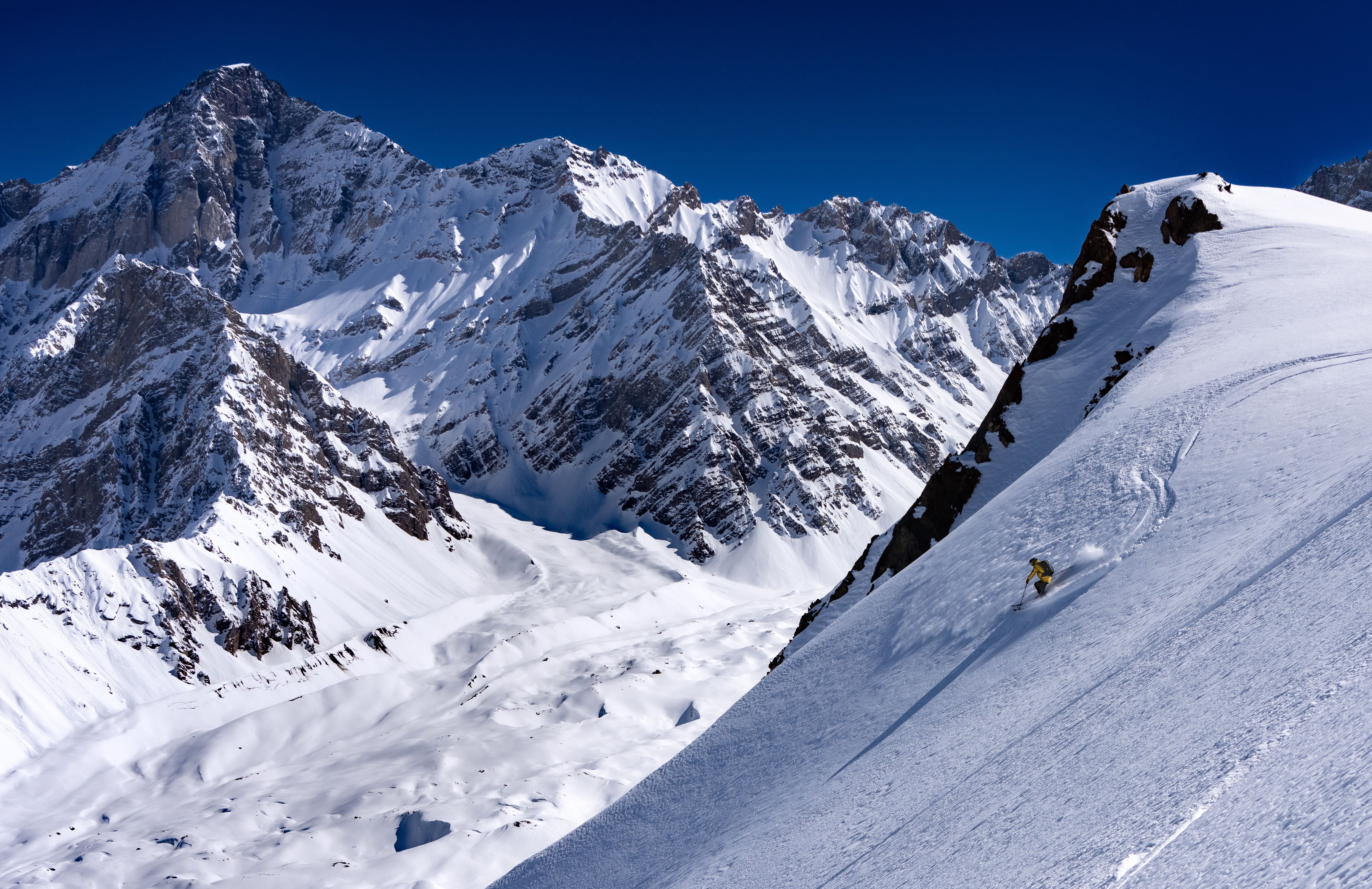Skiing off-piste at Valle Nevado on a sunny day