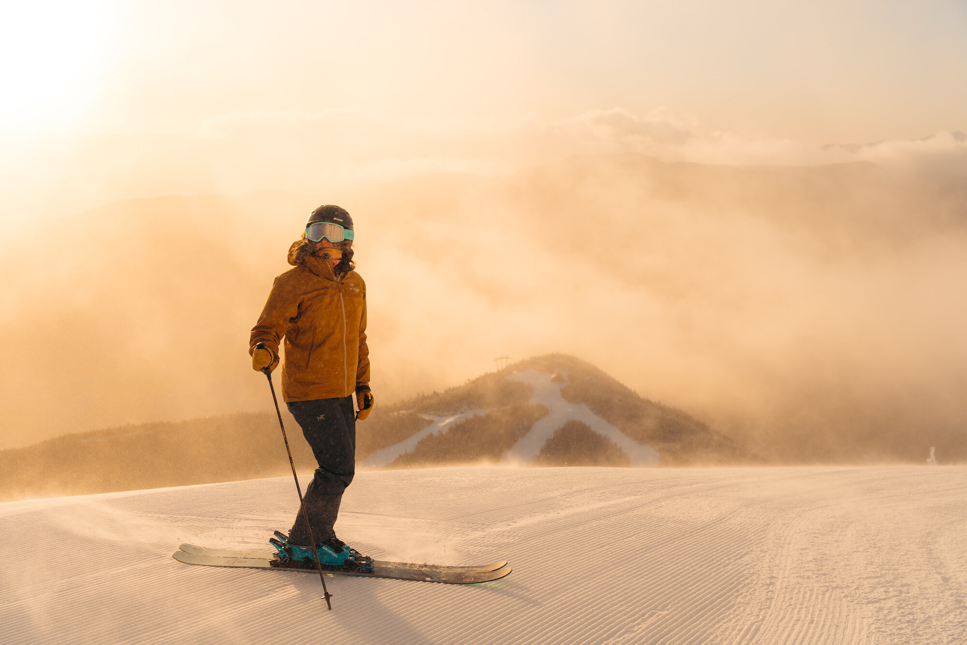 Skier on a groomed run at Whiteface Mountain near Lake Placid, New York