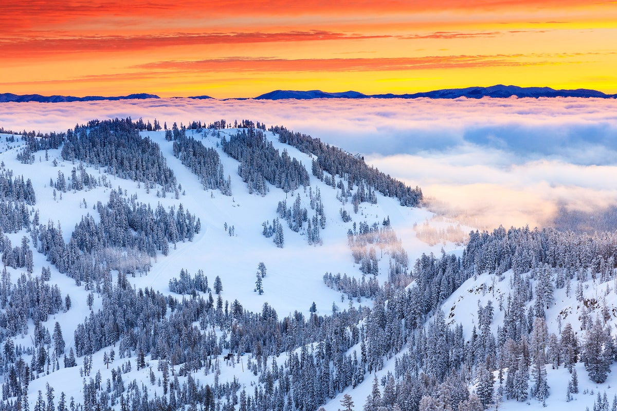 Aerial of Palisades Tahoe at sunset