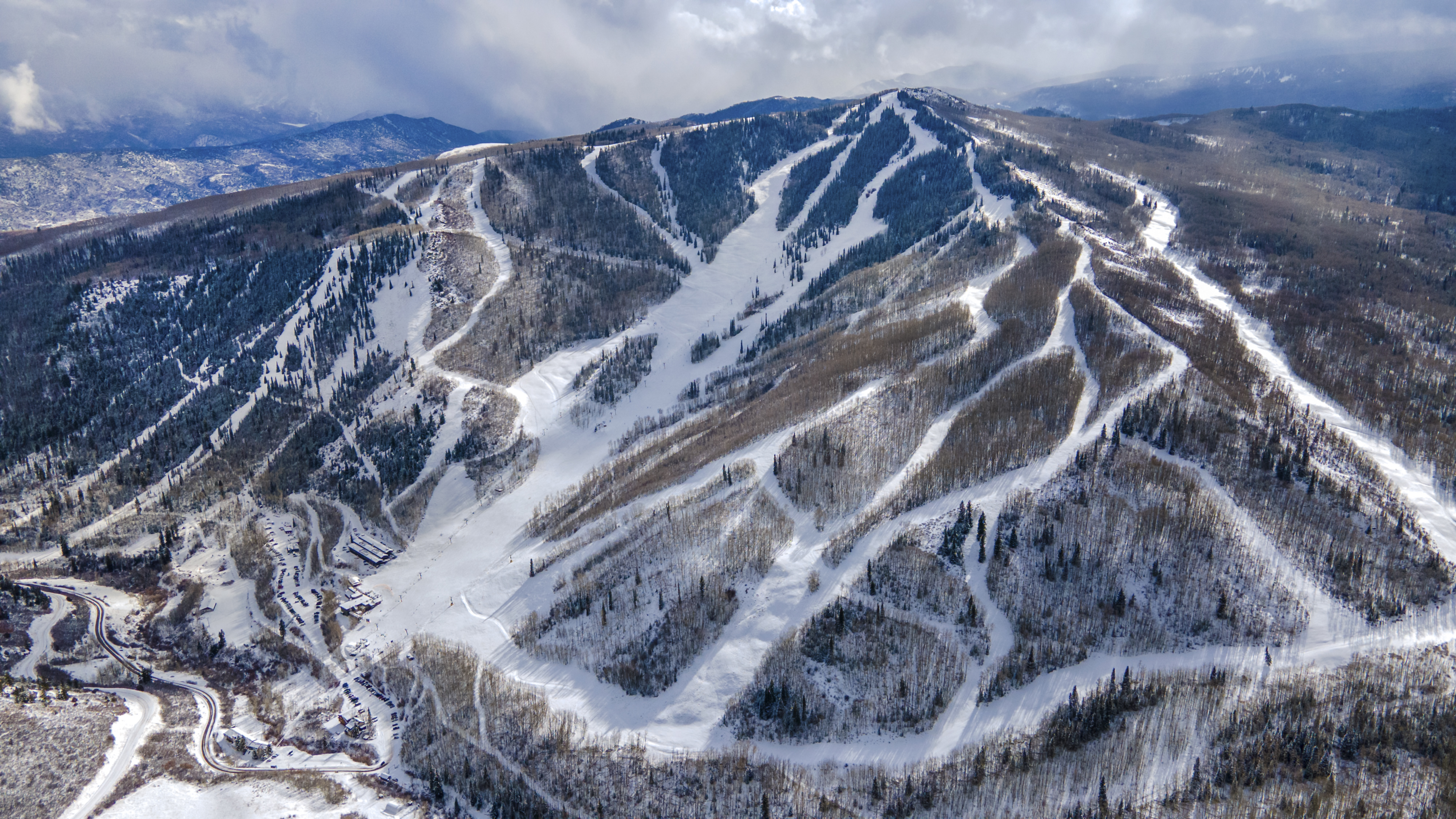 Aerial of Sunlight Mountain Resort on a cloudy winter day