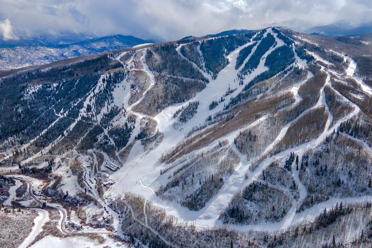 Aerial of Sunlight Mountain Resort on a cloudy winter day