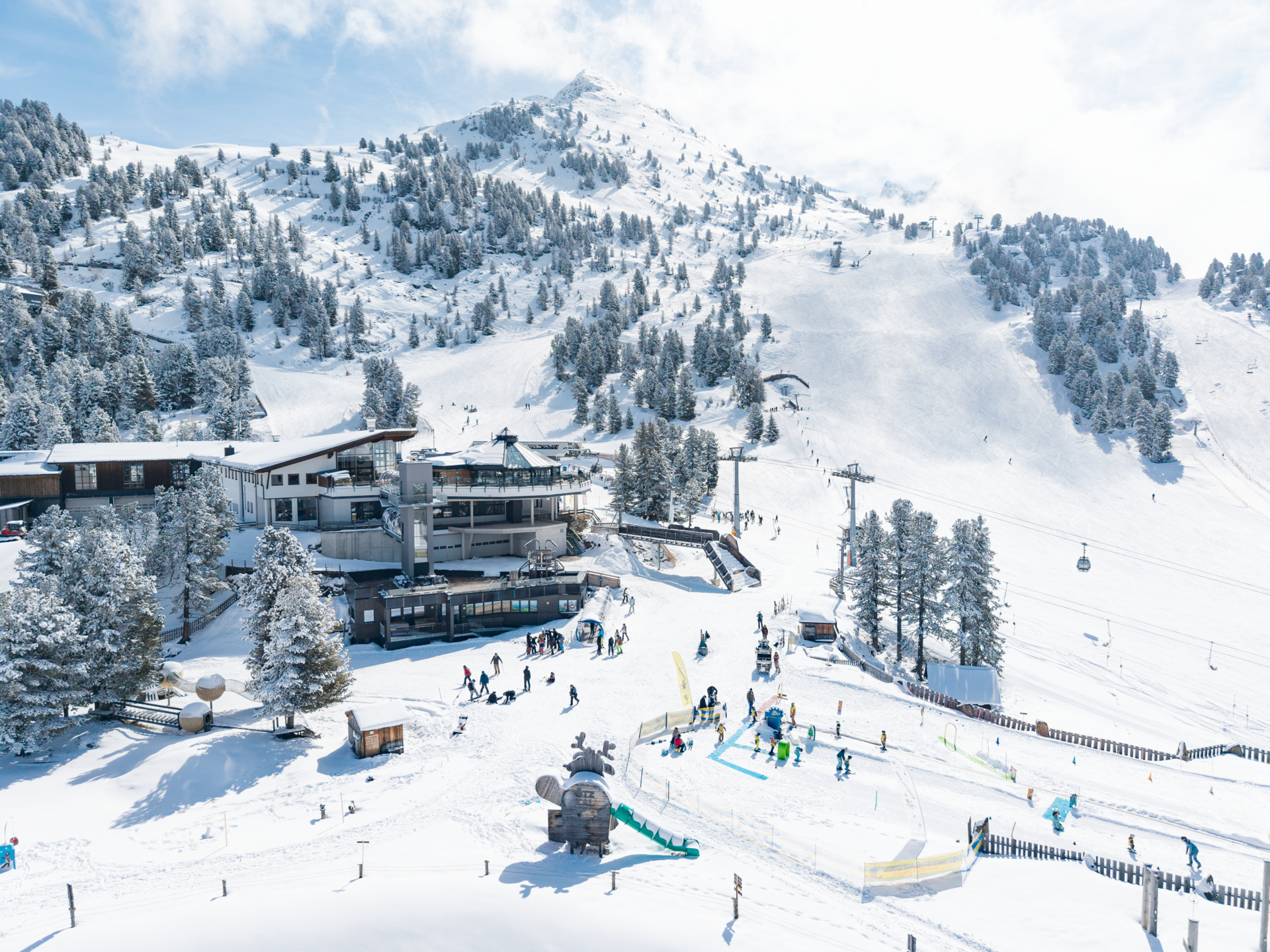 Aerial of Hochotz Ski Resort in Austria on a powder day