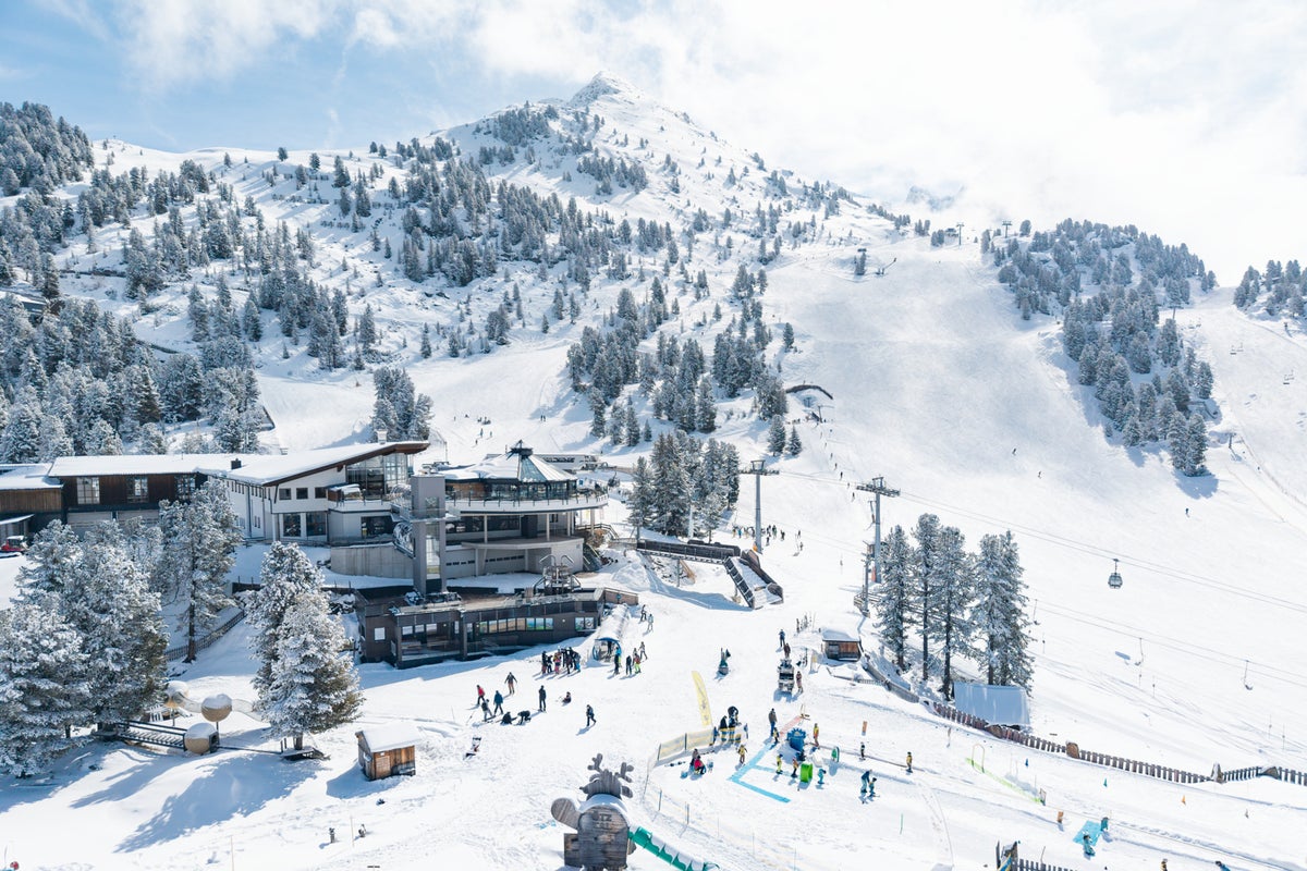 Aerial of Hochotz Ski Resort in Austria on a powder day