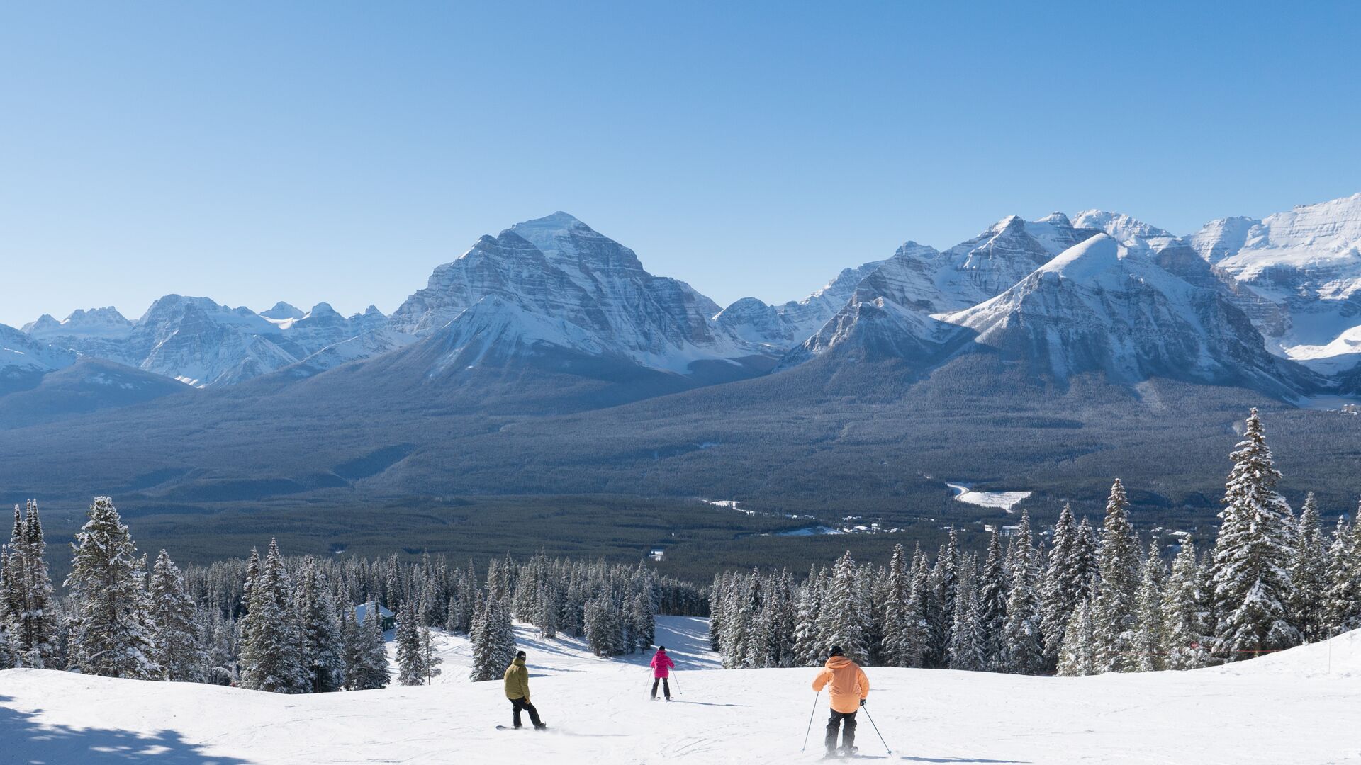Intermediate ski run at Lake Louise Ski Resort on a bluebird day