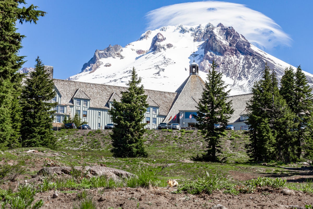 Mt. Hood rising above Timberline Lodge on a sunny summer day