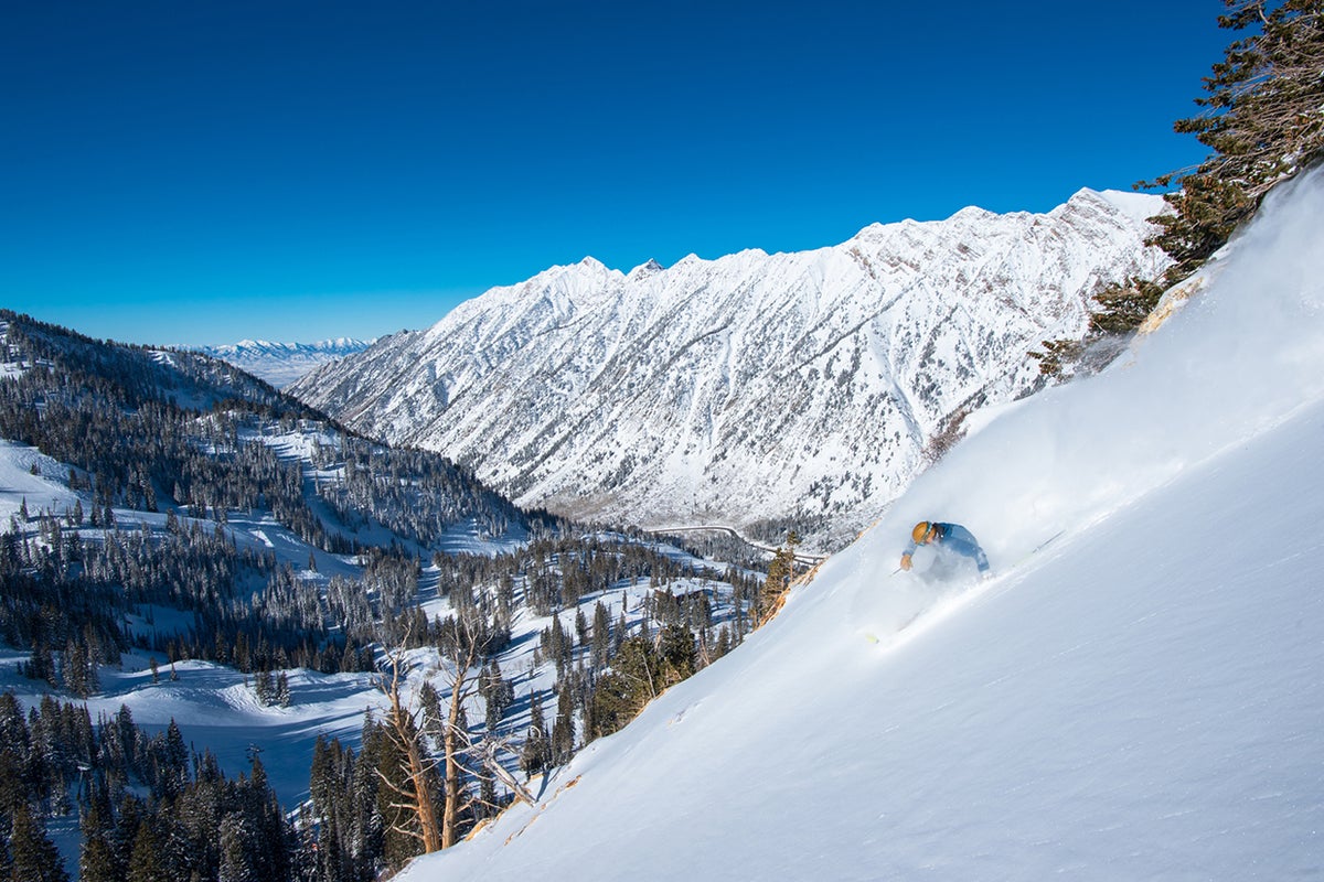 Skiing through powder on a bluebird day at Snowbird Resort