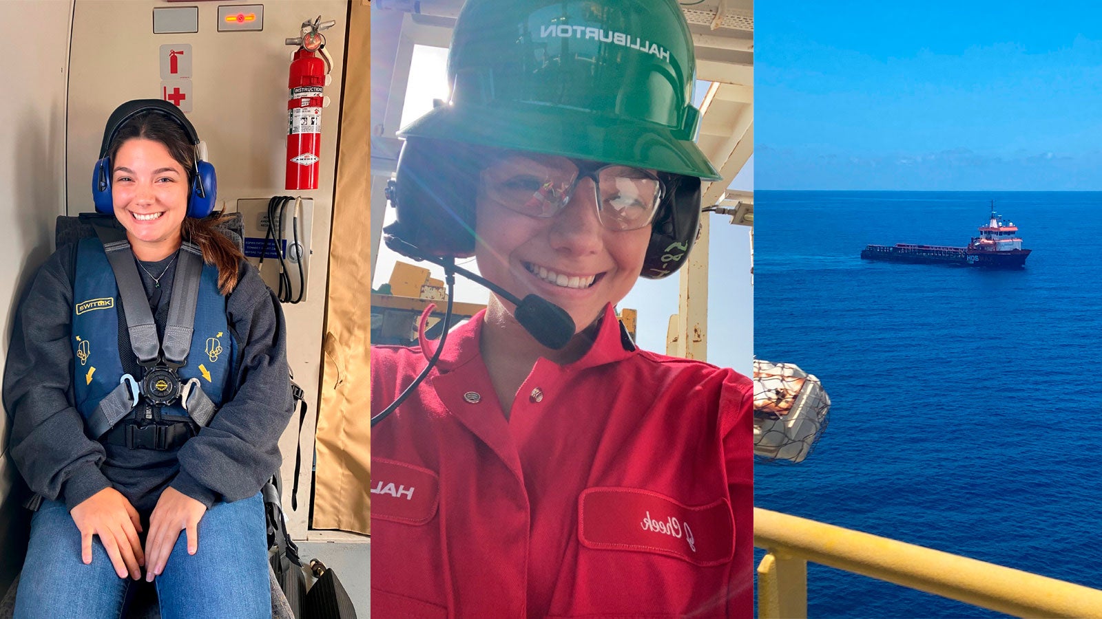 Photo collage of a Halliburton intern on various jobs.