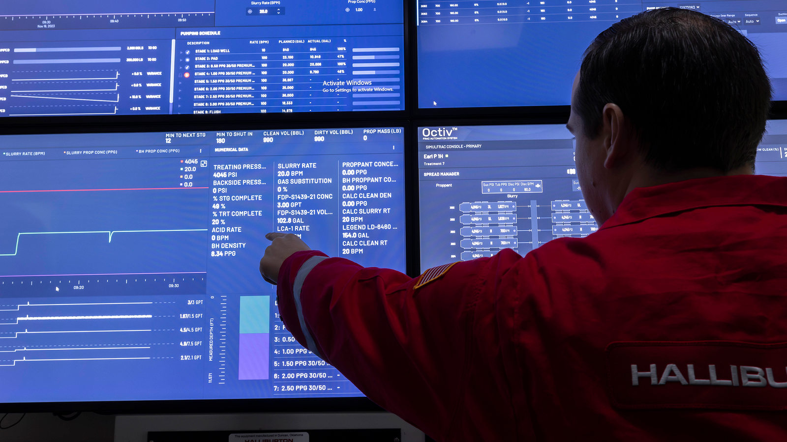 Halliburton employee monitors hydraulic fracturing data on a multi-screen display using the Octiv Auto Frac application.