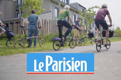 Le Parisien logo over image of 5 people cycling brompton bikes