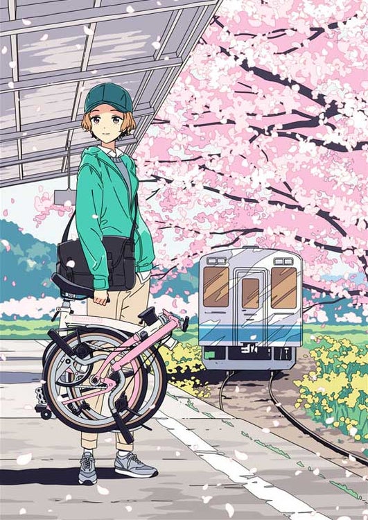 Illustration of a girl holding a folded Brompton Bike