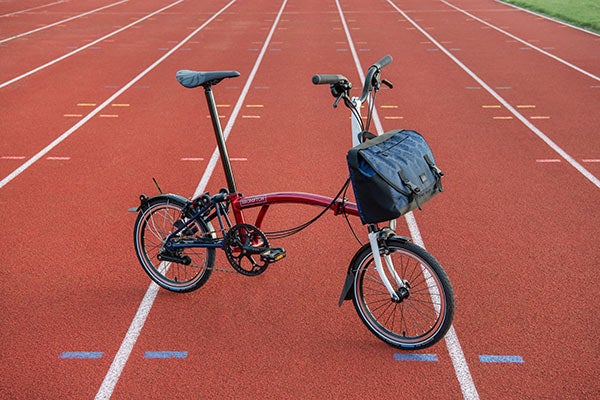The 2021 Brompton x Team GB bike on an Olympic race track