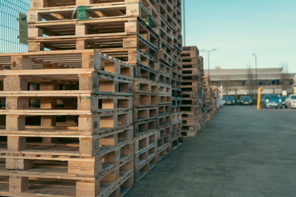 An image of pallets outside of the Brompton Bicycle factory