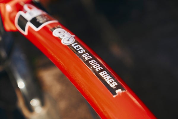 a close up of Vanessa's red Brompton folding bike