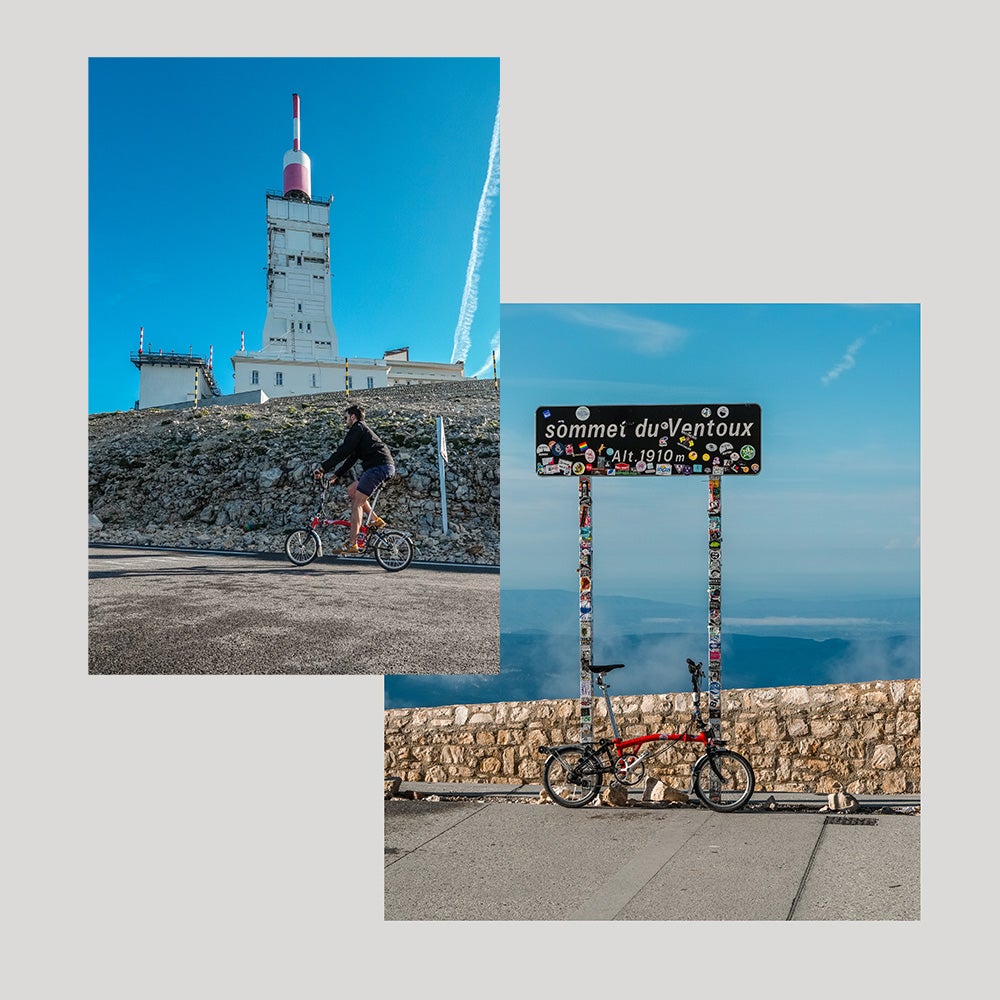 A collage of two images from the Brompton ride up to Mont Ventoux