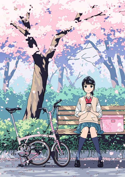 Illustration of a girl sat on a bench in front of a cherry blossom tree with a folded Brompton bike