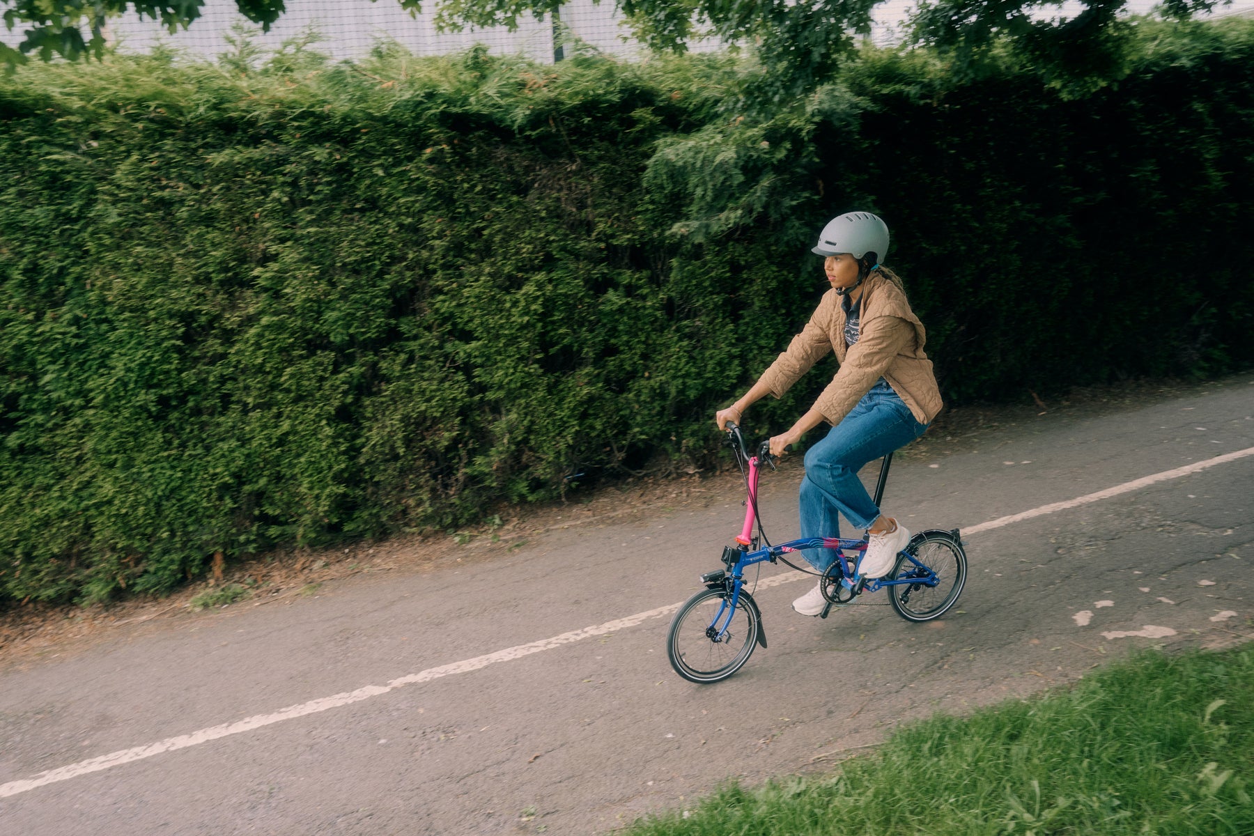 Morgan lake riding a Brompton bike
