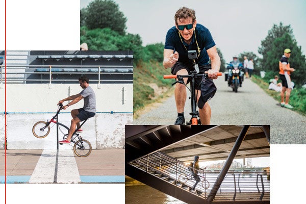 An image collage of different cyclists riding the Brompton CHPT3 bikes