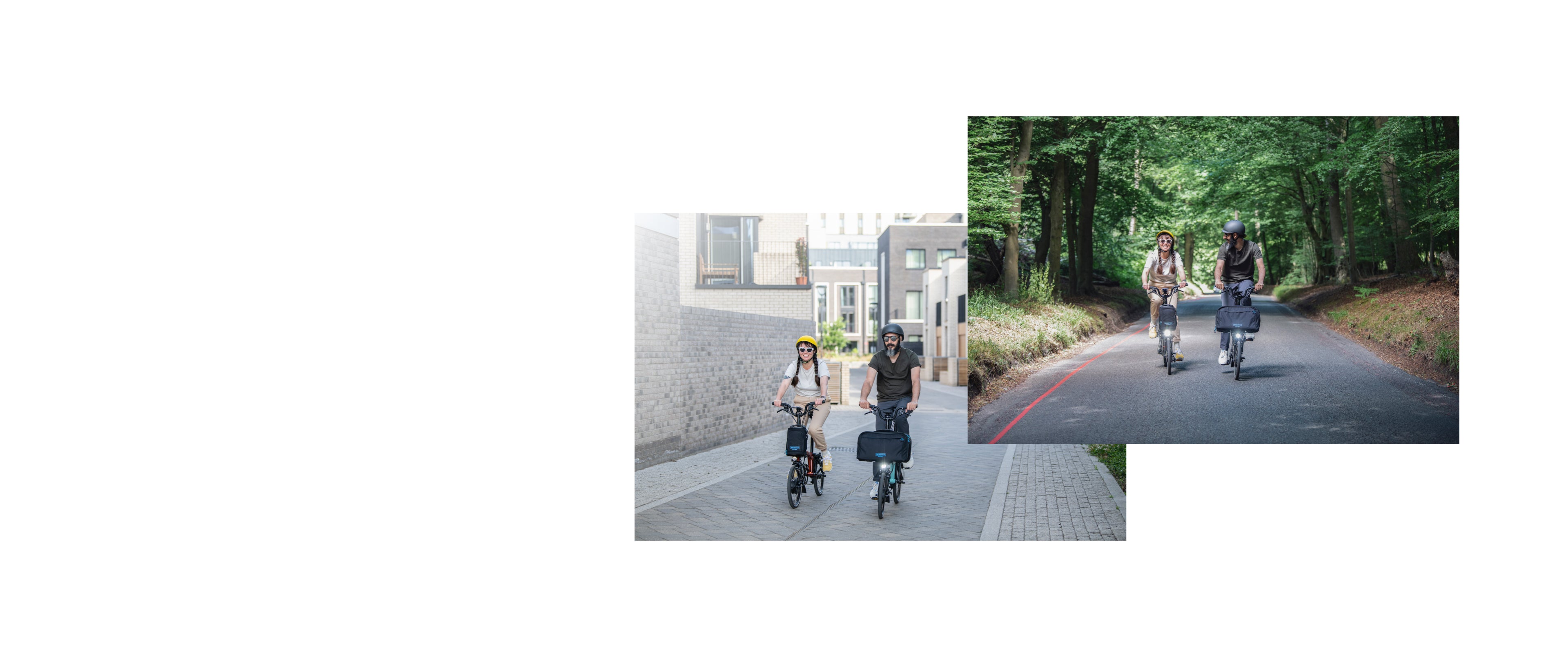 A graphic overlay of two lifestyle images of happy people riding Brompton Electric C Lines with the text "Freedom in the city, and beyond."