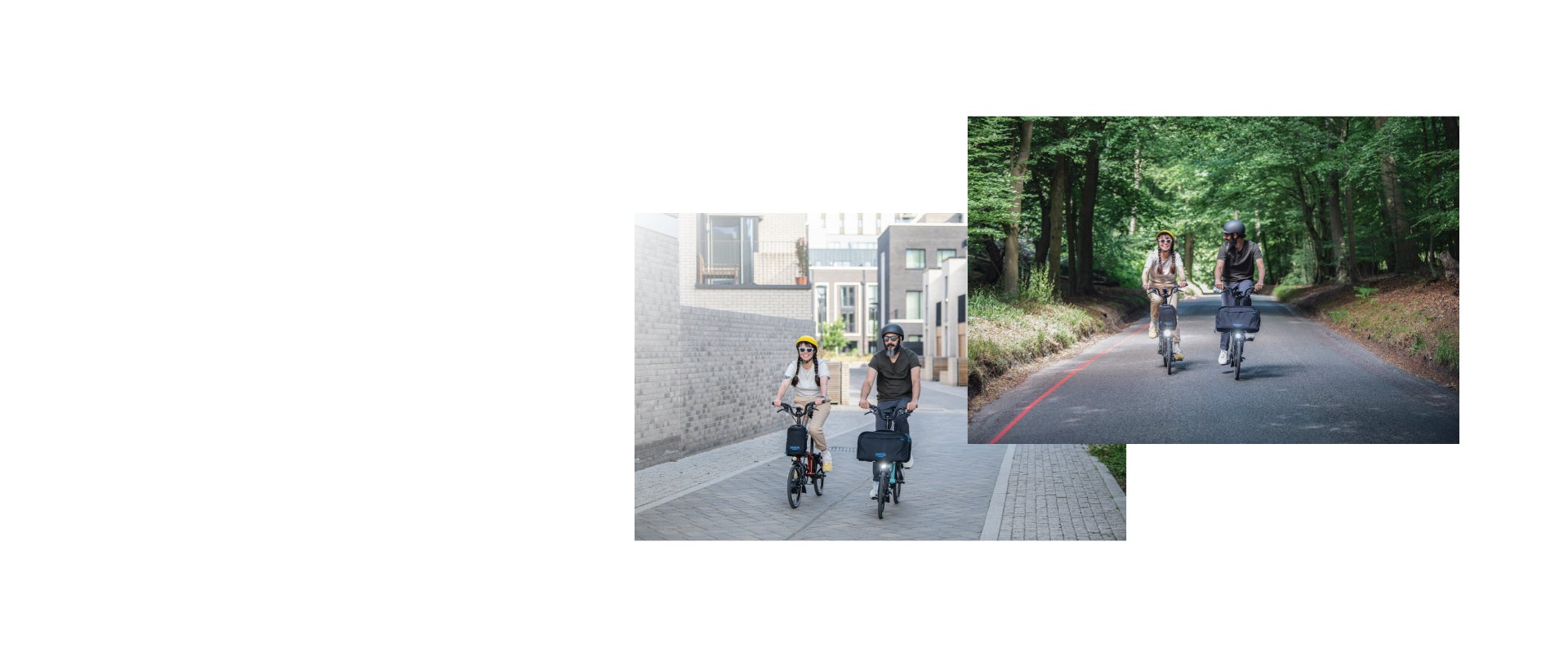 Eine grafische Überlagerung von zwei Lifestyle-Bildern glücklicher Menschen auf Bromptons der Electric C Line mit dem Text „Freedom in the city, and beyond“ (Freiheit inner- und außerhalb der Stadt).