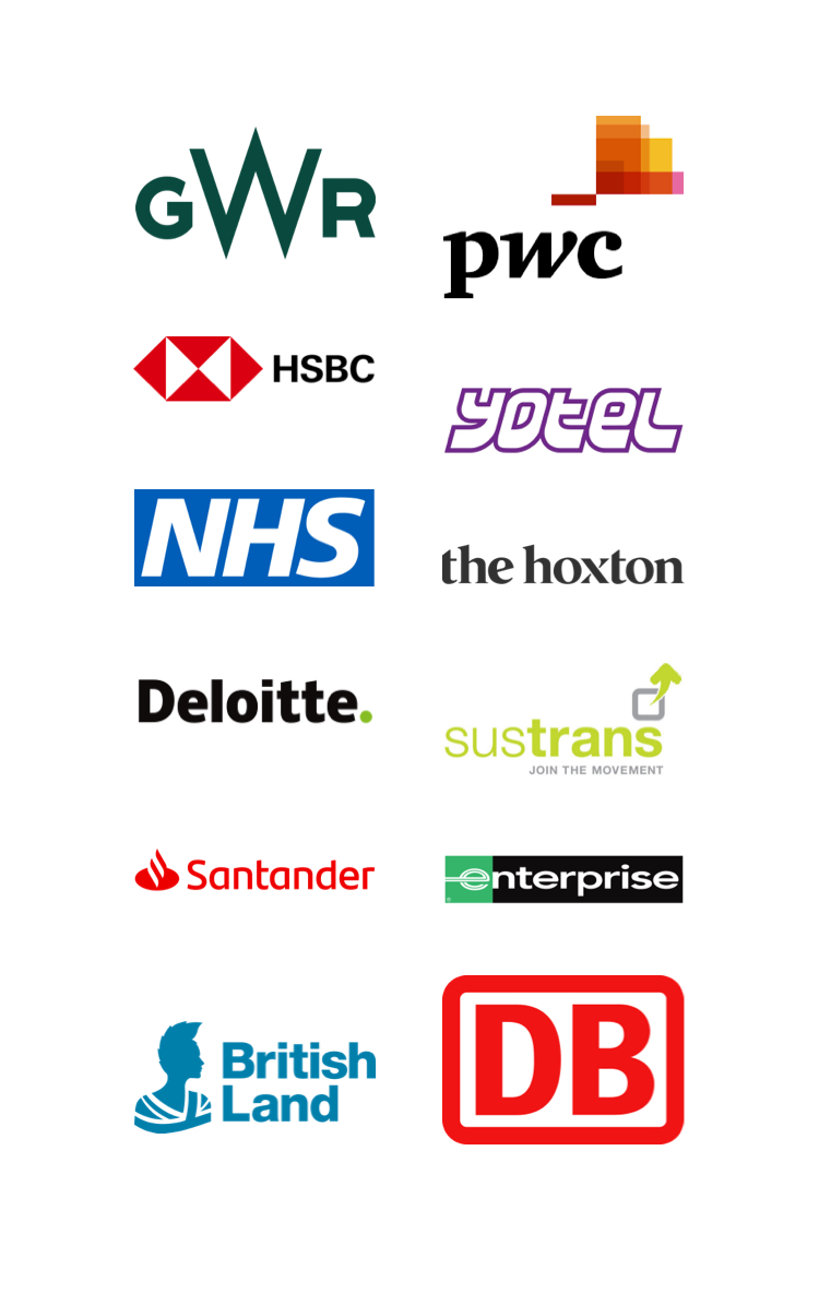 the logos of different corporations that Brompton with Business have partnered with, including GWR, PWC, HSBC, NHS DELOITTE, DEUTSCHE BAHN, YOTEL HOTEL GROUP and Enterprise