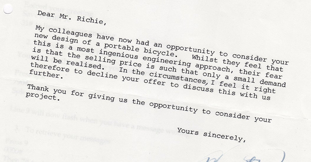 Une lettre de refus adressée à Andrew Ritchie, l’inventeur du vélo Brompton