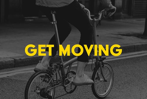 Image of person cycling on a Brompton behind the words 'Get moving'