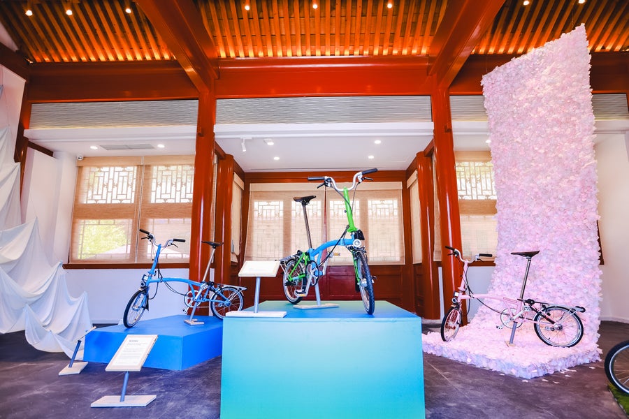 The 3 Archive Edition Brompton Bikes displayed in Beijing for the One Millionth tour