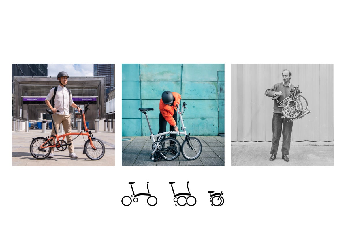 People in different locations with the Brompton bike folded and unfolded