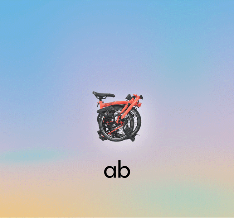 A Fire Coral Brompton Bicycle unfolding in 5 steps against a colorful background as part of the Abracadabra campaign