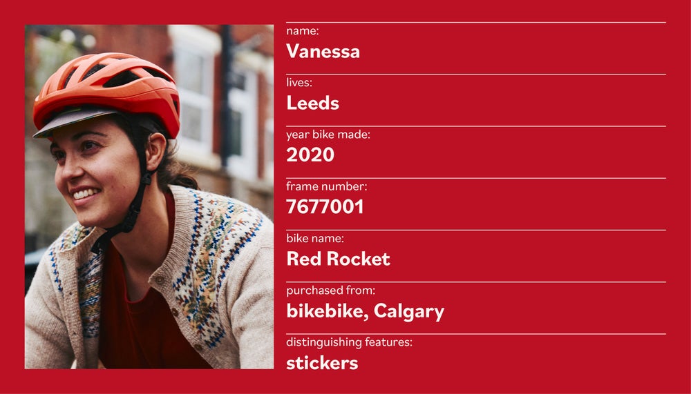 An image of Vanessa with stats about her and her Brompton folding bike